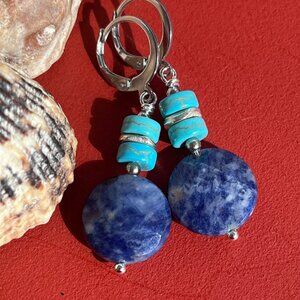 Blue Sodalite and Turquoise Dangle Earrings, Southwest, Boho
